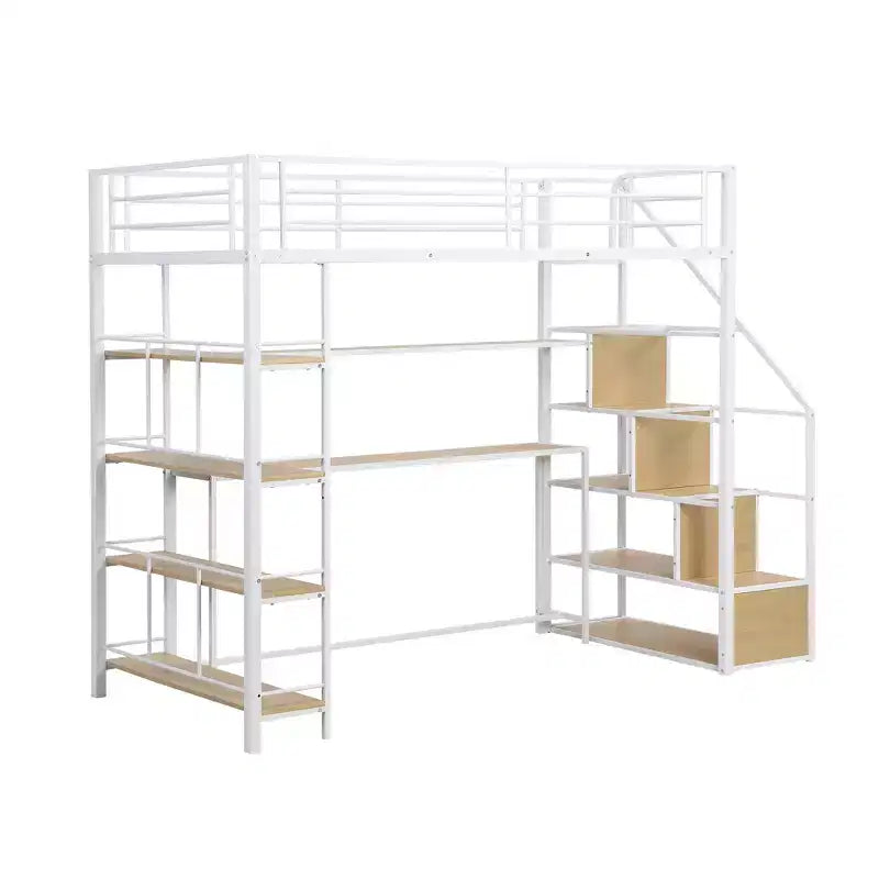 Metal Loft Bed with Storage Staircase and 3-Tier Shelves, Steel Bed Frame with Built-in Desk for Bedroom