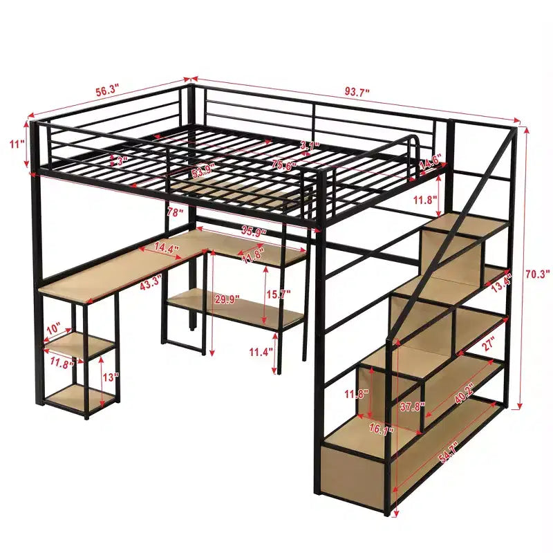 Metal Loft Bed with Storage Staircase and 3-Tier Shelves, Steel Bed Frame with Built-in Desk for Bedroom
