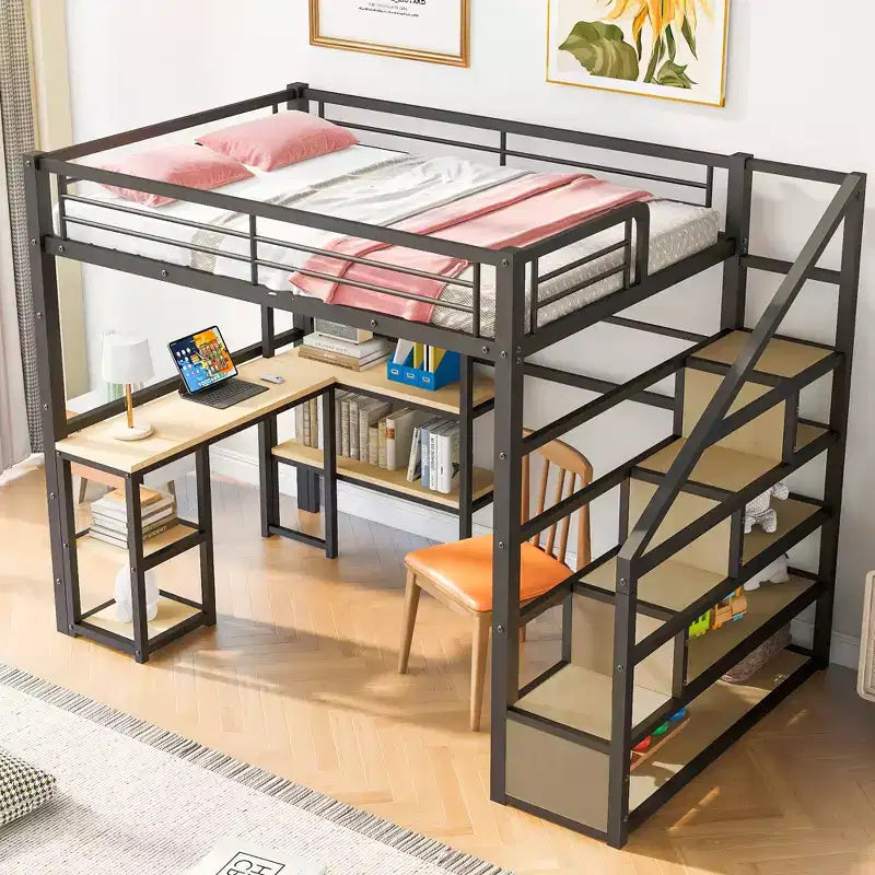 Metal Loft Bed with Storage Staircase and 3-Tier Shelves, Steel Bed Frame with Built-in Desk for Bedroom