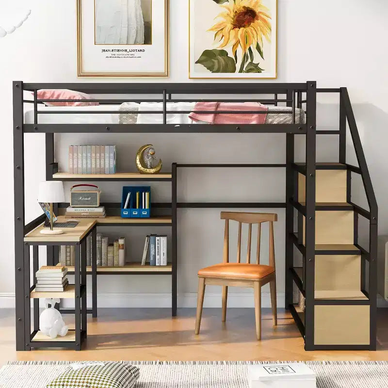 Metal Loft Bed with Storage Staircase and 3-Tier Shelves, Steel Bed Frame with Built-in Desk for Bedroom