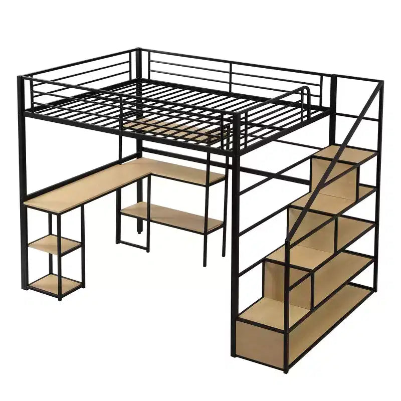 Metal Loft Bed with Storage Staircase and 3-Tier Shelves, Steel Bed Frame with Built-in Desk for Bedroom