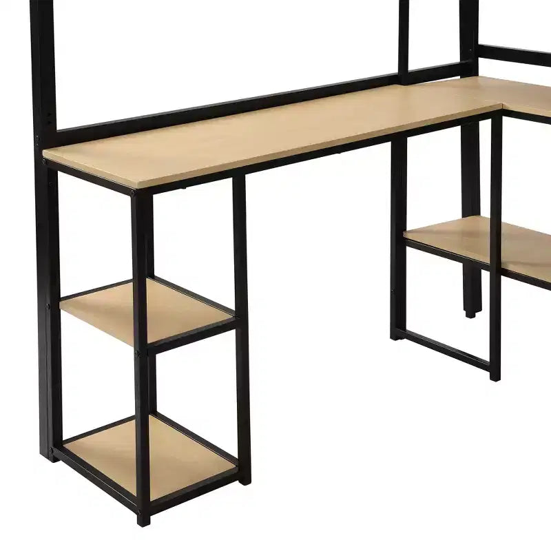 Metal Loft Bed with Storage Staircase and 3-Tier Shelves, Steel Bed Frame with Built-in Desk for Bedroom