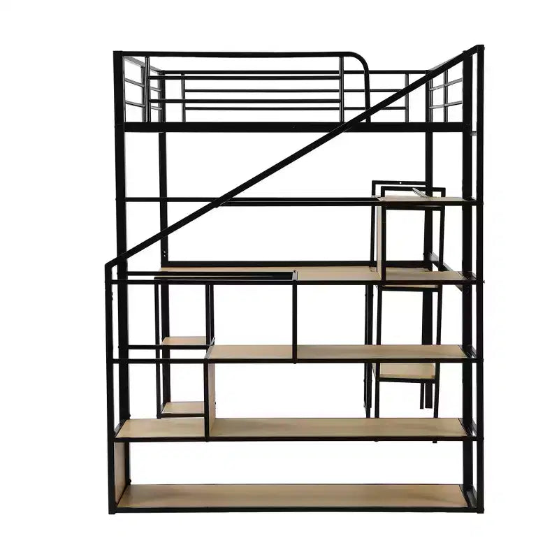 Metal Loft Bed with Storage Staircase and 3-Tier Shelves, Steel Bed Frame with Built-in Desk for Bedroom