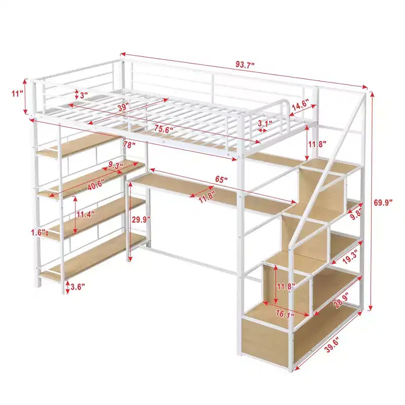 Metal Loft Bed with Storage Staircase and 3-Tier Shelves, Steel Bed Frame with Built-in Desk for Bedroom
