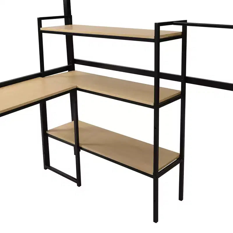 Metal Loft Bed with Storage Staircase and 3-Tier Shelves, Steel Bed Frame with Built-in Desk for Bedroom