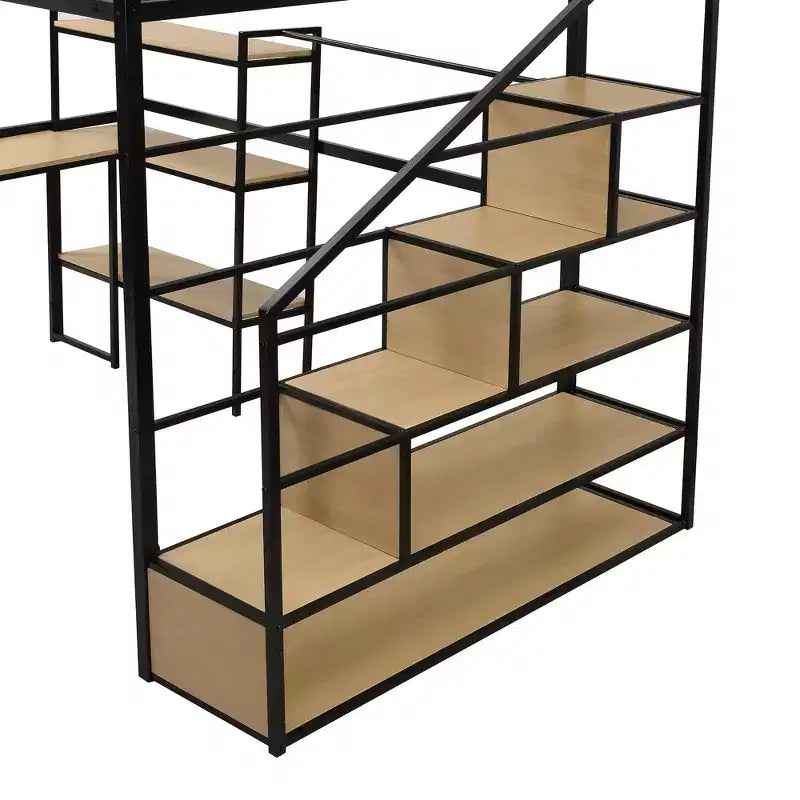 Metal Loft Bed with Storage Staircase and 3-Tier Shelves, Steel Bed Frame with Built-in Desk for Bedroom