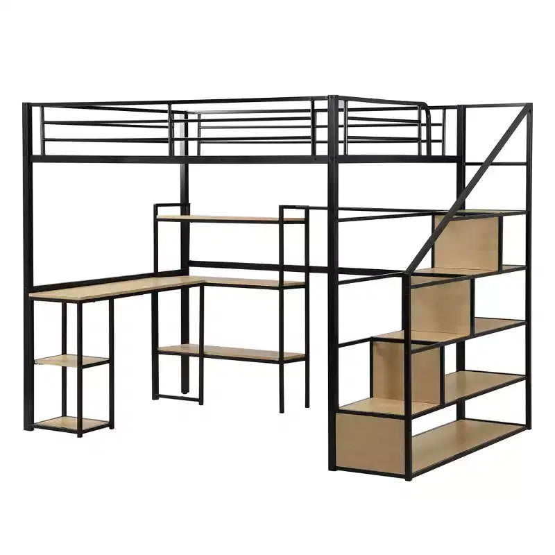 Metal Loft Bed with Storage Staircase and 3-Tier Shelves, Steel Bed Frame with Built-in Desk for Bedroom