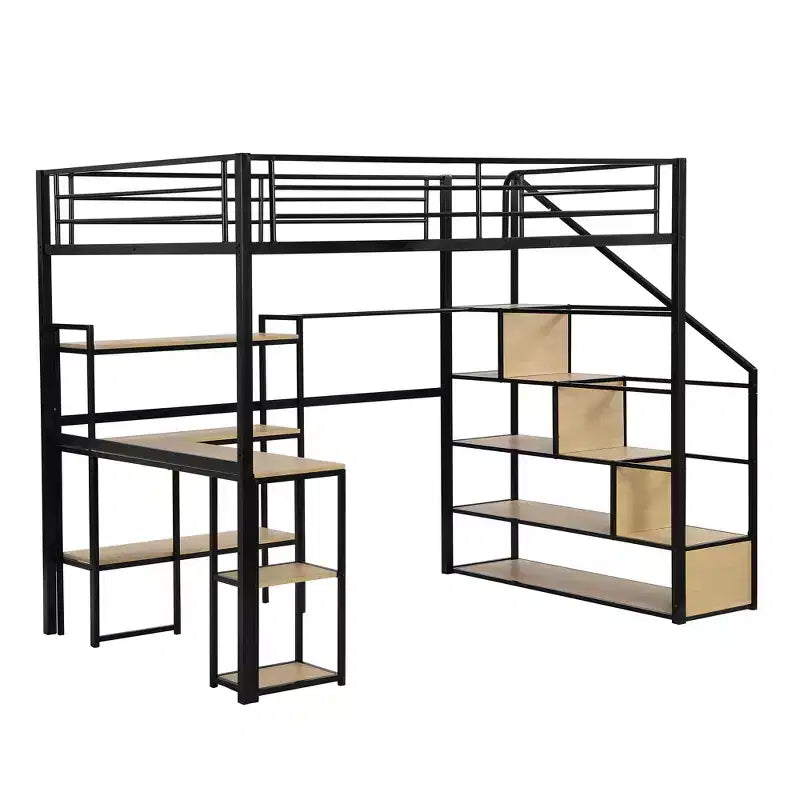 Metal Loft Bed with Storage Staircase and 3-Tier Shelves, Steel Bed Frame with Built-in Desk for Bedroom