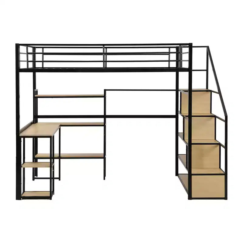 Metal Loft Bed with Storage Staircase and 3-Tier Shelves, Steel Bed Frame with Built-in Desk for Bedroom