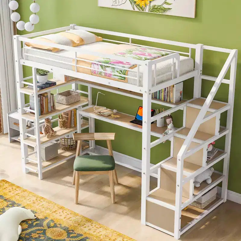 Metal Loft Bed with Storage Staircase and 3-Tier Shelves, Steel Bed Frame with Built-in Desk for Bedroom