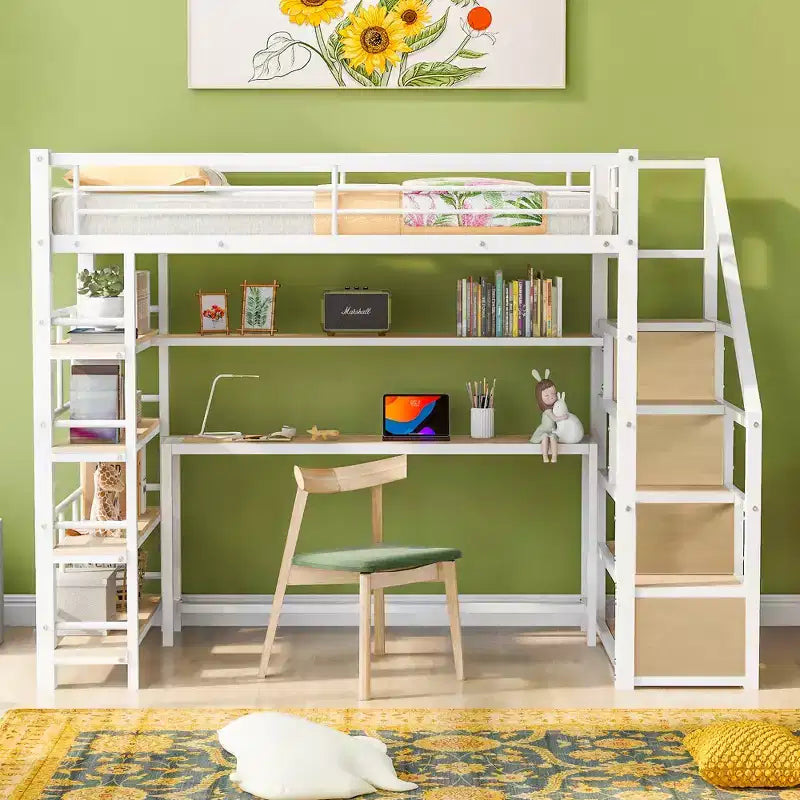 Metal Loft Bed with Storage Staircase and 3-Tier Shelves, Steel Bed Frame with Built-in Desk for Bedroom