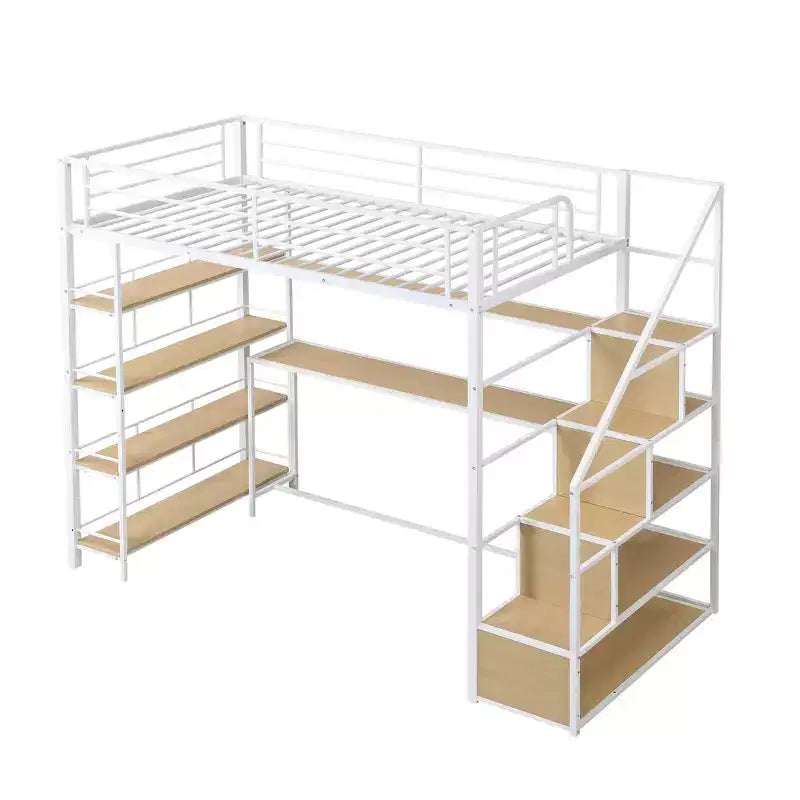 Metal Loft Bed with Storage Staircase and 3-Tier Shelves, Steel Bed Frame with Built-in Desk for Bedroom