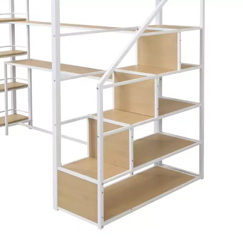 Metal Loft Bed with Storage Staircase and 3-Tier Shelves, Steel Bed Frame with Built-in Desk for Bedroom