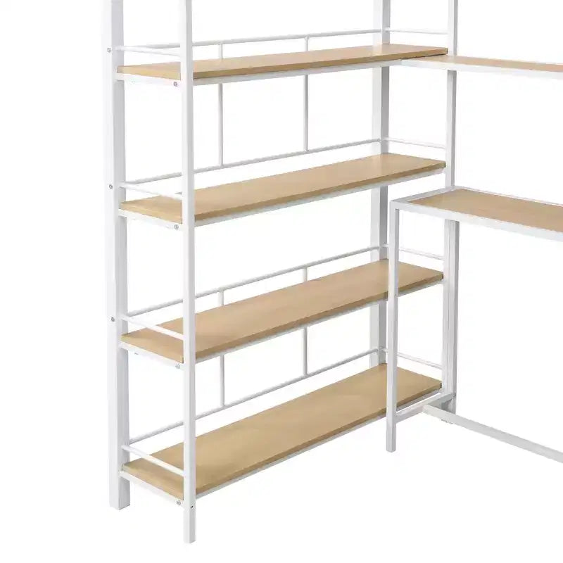 Metal Loft Bed with Storage Staircase and 3-Tier Shelves, Steel Bed Frame with Built-in Desk for Bedroom
