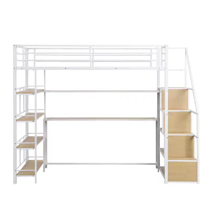 Metal Loft Bed with Storage Staircase and 3-Tier Shelves, Steel Bed Frame with Built-in Desk for Bedroom
