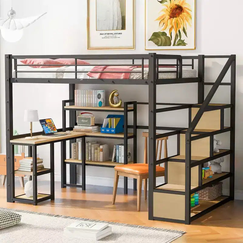 Metal Loft Bed with Storage Staircase and 3-Tier Shelves, Steel Bed Frame with Built-in Desk for Bedroom