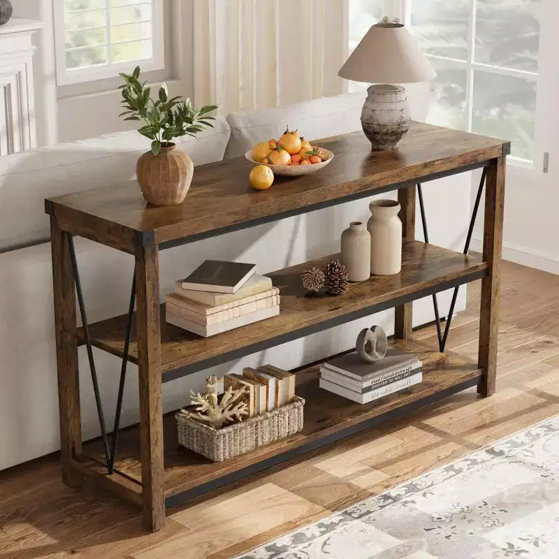 Farmhouse Console Table, 47 Inch Narrow Entryway Table with Storage, 3-Tier Wood Console Tables for Living Room, Hallway, Entryway