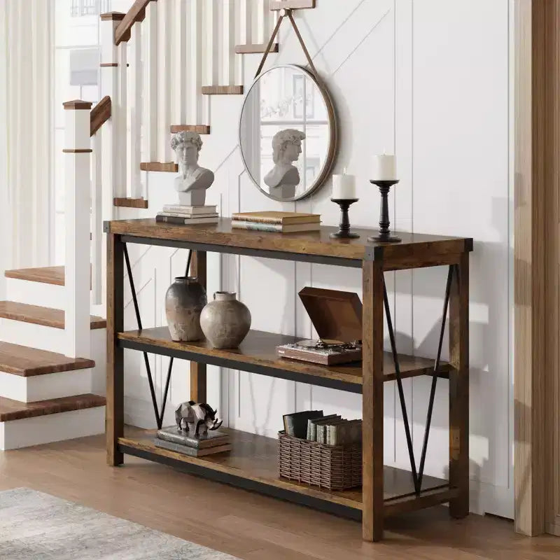 Farmhouse Console Table, 47 Inch Narrow Entryway Table with Storage, 3-Tier Wood Console Tables for Living Room, Hallway, Entryway