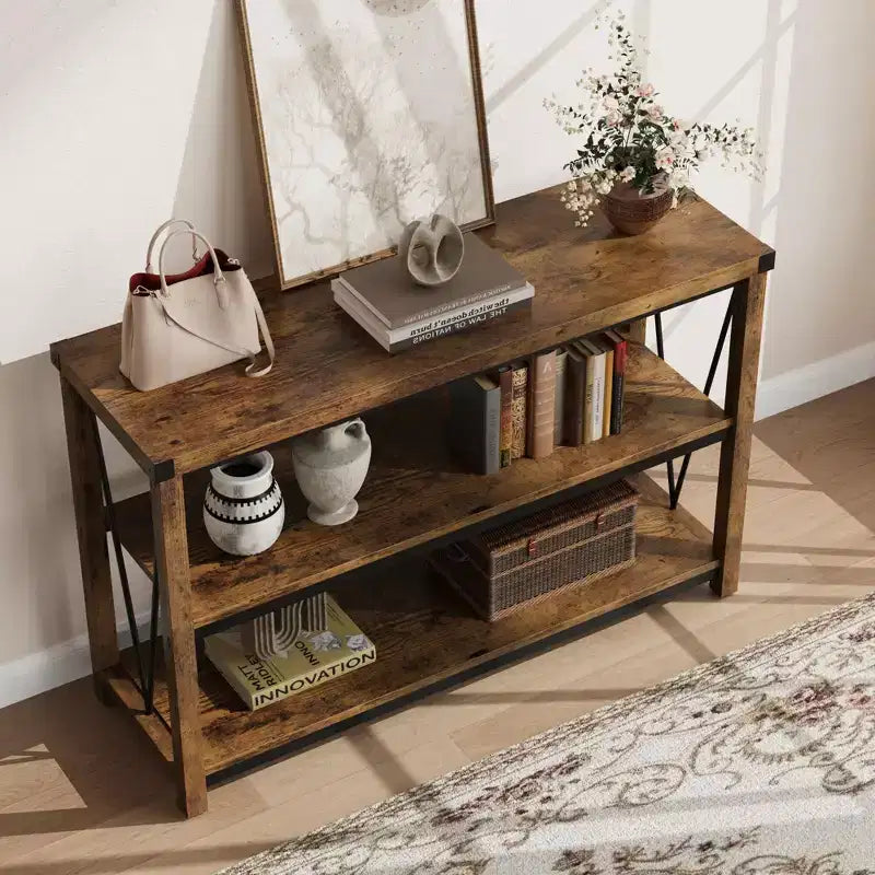 Farmhouse Console Table, 47 Inch Narrow Entryway Table with Storage, 3-Tier Wood Console Tables for Living Room, Hallway, Entryway