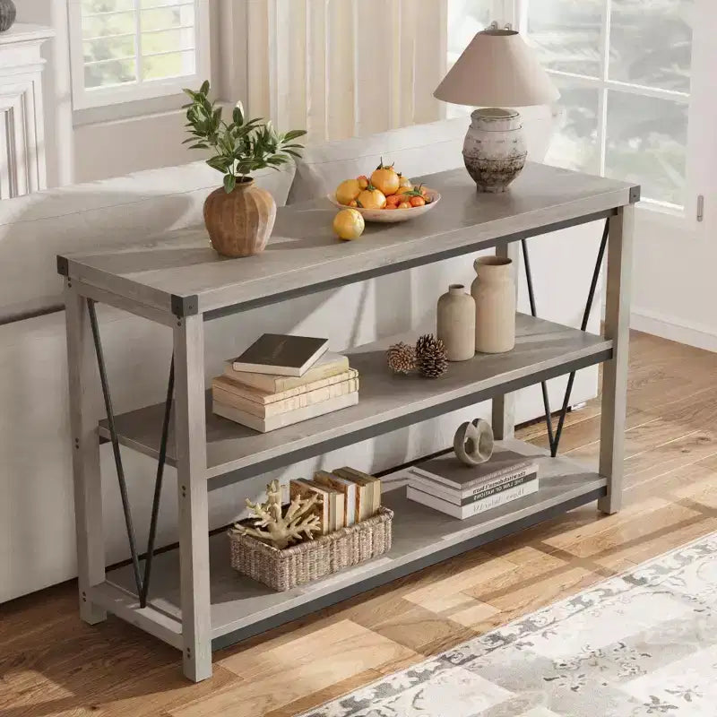 Farmhouse Console Table, 47 Inch Narrow Entryway Table with Storage, 3-Tier Wood Console Tables for Living Room, Hallway, Entryway