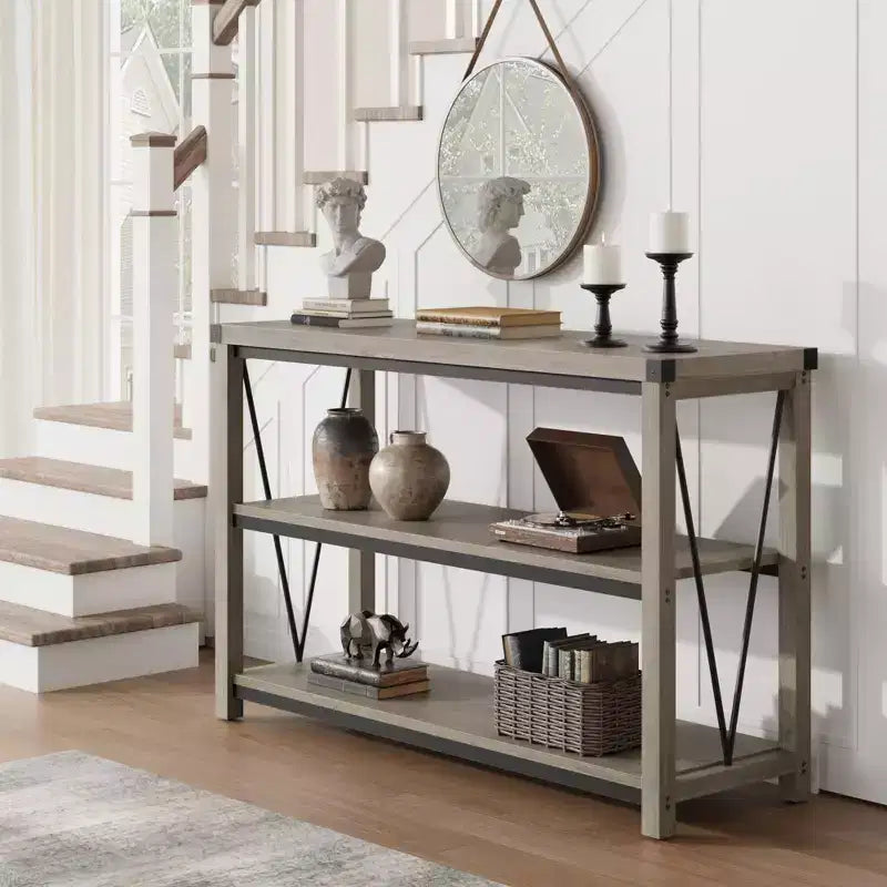Farmhouse Console Table, 47 Inch Narrow Entryway Table with Storage, 3-Tier Wood Console Tables for Living Room, Hallway, Entryway