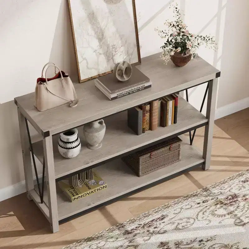 Farmhouse Console Table, 47 Inch Narrow Entryway Table with Storage, 3-Tier Wood Console Tables for Living Room, Hallway, Entryway