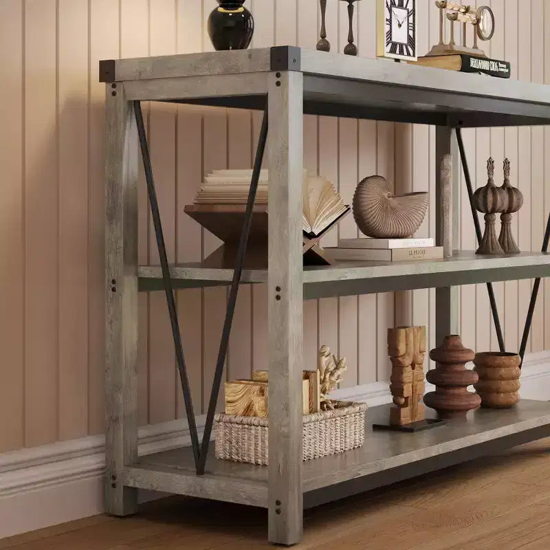 Farmhouse Console Table, 47 Inch Narrow Entryway Table with Storage, 3-Tier Wood Console Tables for Living Room, Hallway, Entryway