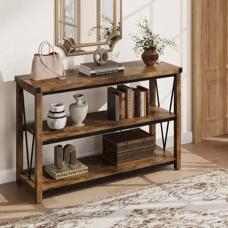 Farmhouse Console Table, 47 Inch Narrow Entryway Table with Storage, 3-Tier Wood Console Tables for Living Room, Hallway, Entryway
