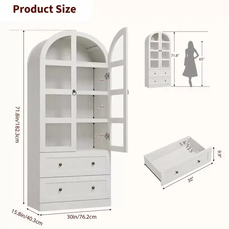 71 Inch Tall Arched Bookcase Cabinet, Wood Bookshelf with Doors & Drawers, Large Display Cabinet with Storage for Office Living Room