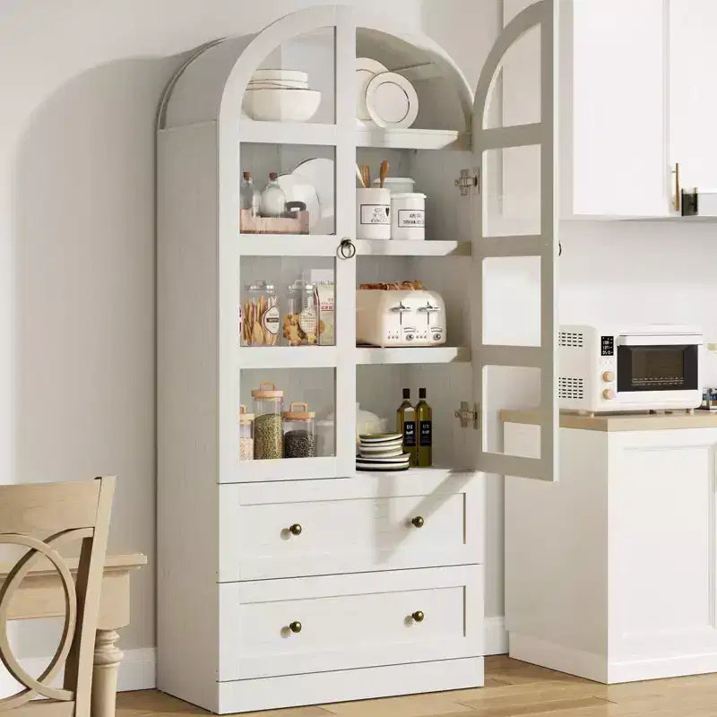 71 Inch Tall Arched Bookcase Cabinet, Wood Bookshelf with Doors & Drawers, Large Display Cabinet with Storage for Office Living Room