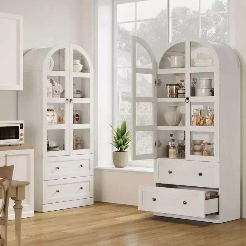 71 Inch Tall Arched Bookcase Cabinet, Wood Bookshelf with Doors & Drawers, Large Display Cabinet with Storage for Office Living Room