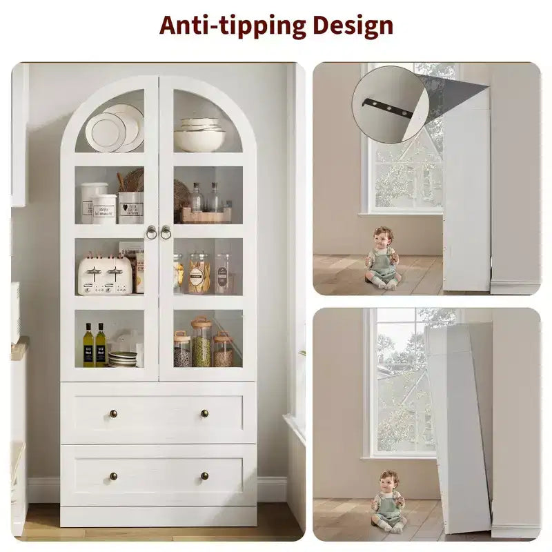 71 Inch Tall Arched Bookcase Cabinet, Wood Bookshelf with Doors & Drawers, Large Display Cabinet with Storage for Office Living Room