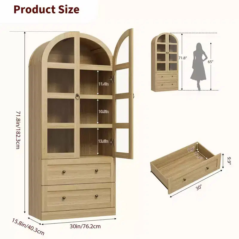 71 Inch Tall Arched Bookcase Cabinet, Wood Bookshelf with Doors & Drawers, Large Display Cabinet with Storage for Office Living Room