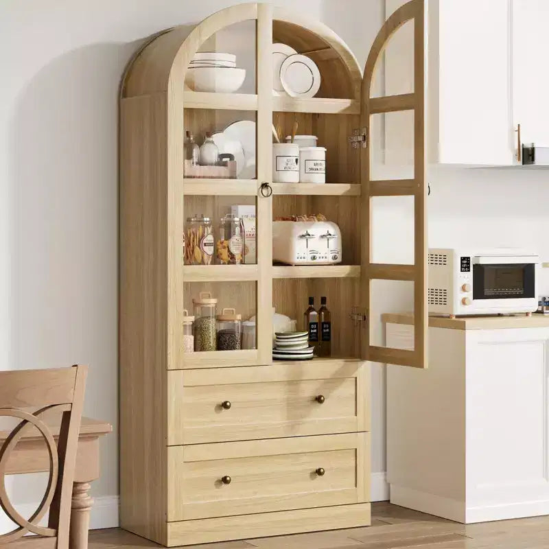 71 Inch Tall Arched Bookcase Cabinet, Wood Bookshelf with Doors & Drawers, Large Display Cabinet with Storage for Office Living Room