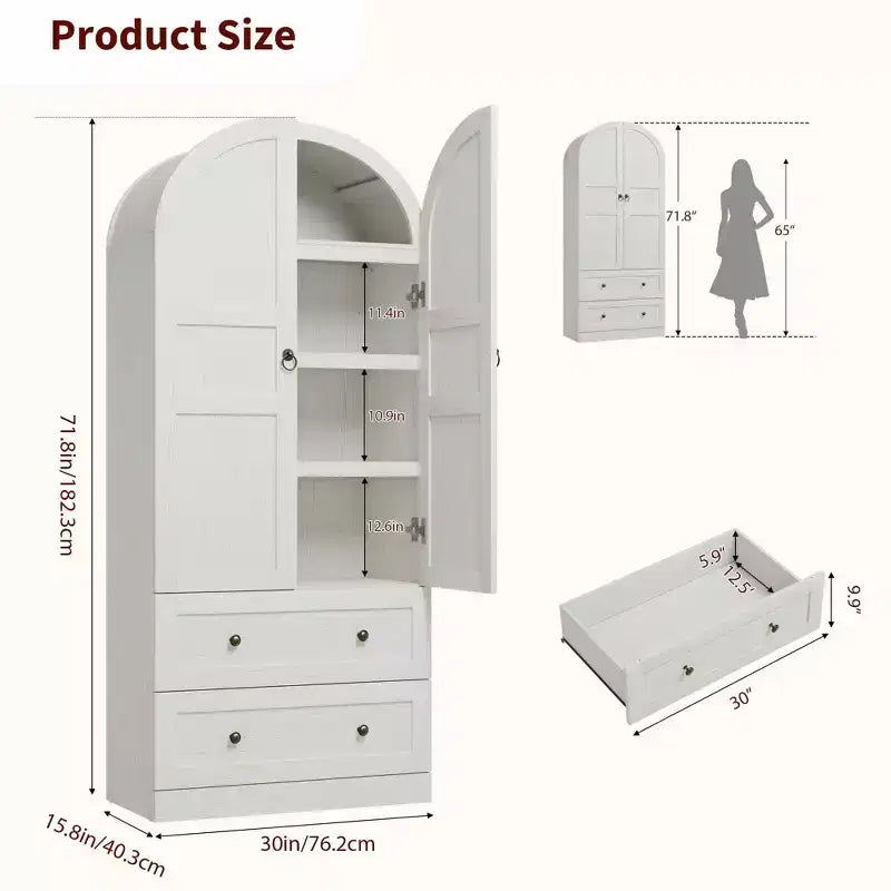 71 Inch Tall Arched Bookcase Cabinet, Wood Bookshelf with Doors & Drawers, Large Display Cabinet with Storage for Office Living Room