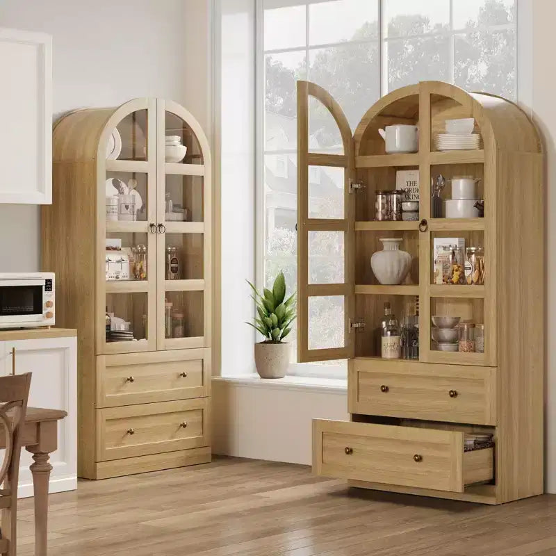 71 Inch Tall Arched Bookcase Cabinet, Wood Bookshelf with Doors & Drawers, Large Display Cabinet with Storage for Office Living Room