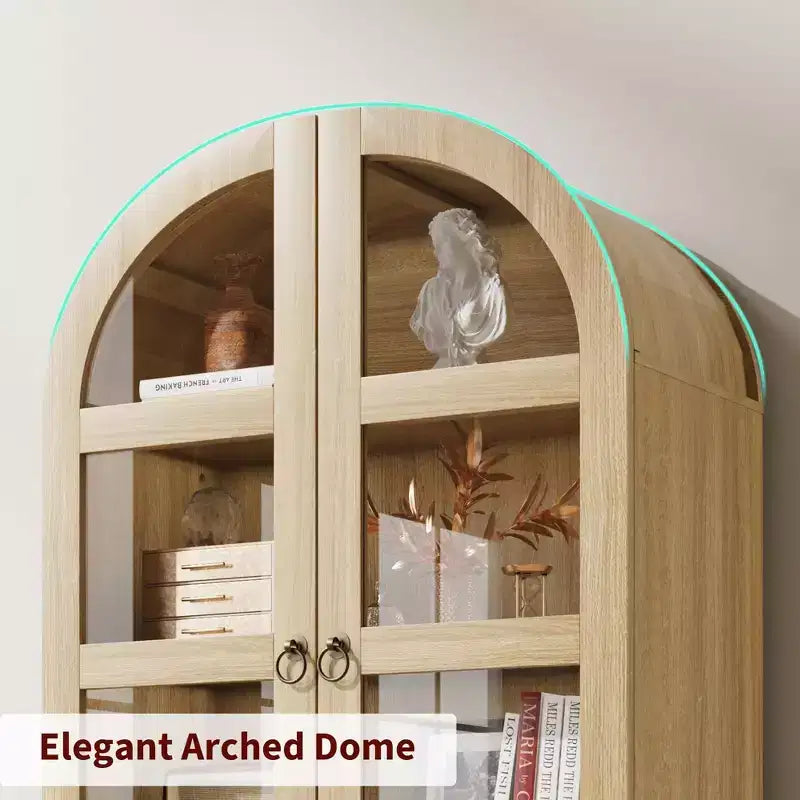 71 Inch Tall Arched Bookcase Cabinet, Wood Bookshelf with Doors & Drawers, Large Display Cabinet with Storage for Office Living Room
