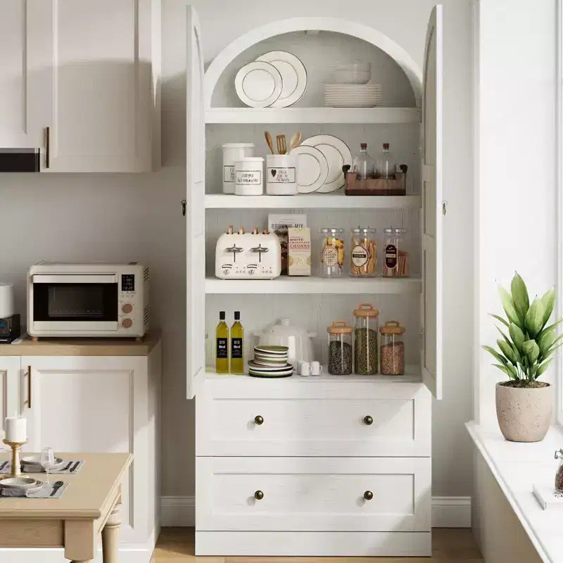 71 Inch Tall Arched Bookcase Cabinet, Wood Bookshelf with Doors & Drawers, Large Display Cabinet with Storage for Office Living Room