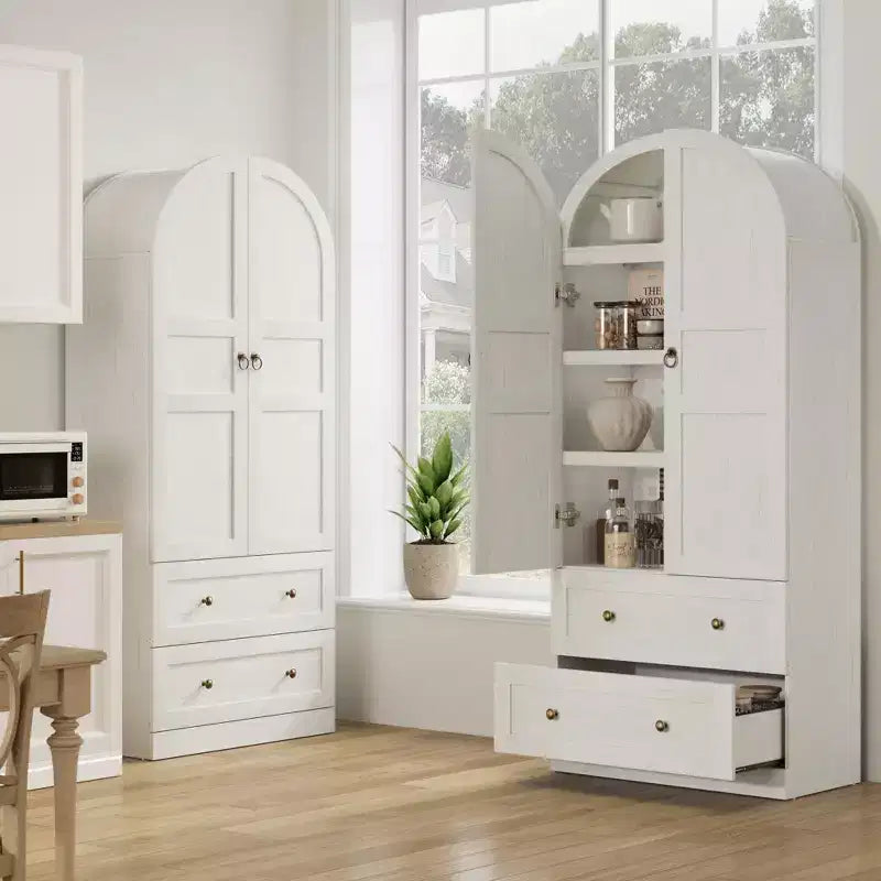 71 Inch Tall Arched Bookcase Cabinet, Wood Bookshelf with Doors & Drawers, Large Display Cabinet with Storage for Office Living Room