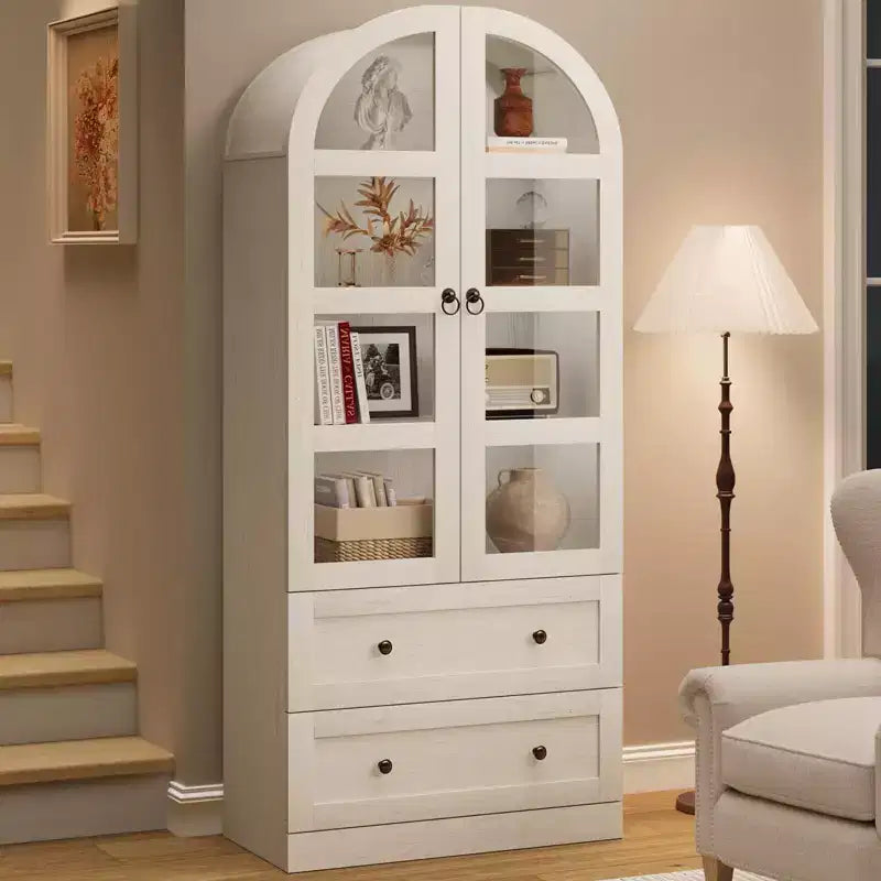71 Inch Tall Arched Bookcase Cabinet, Wood Bookshelf with Doors & Drawers, Large Display Cabinet with Storage for Office Living Room