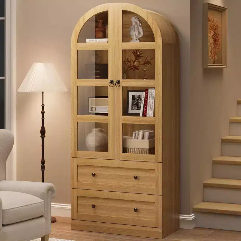 71 Inch Tall Arched Bookcase Cabinet, Wood Bookshelf with Doors & Drawers, Large Display Cabinet with Storage for Office Living Room