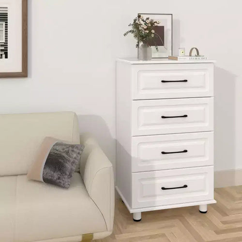 Commode 4 tiroirs, Armoire de rangement moderne en bois avec poignées en acier, Blanc