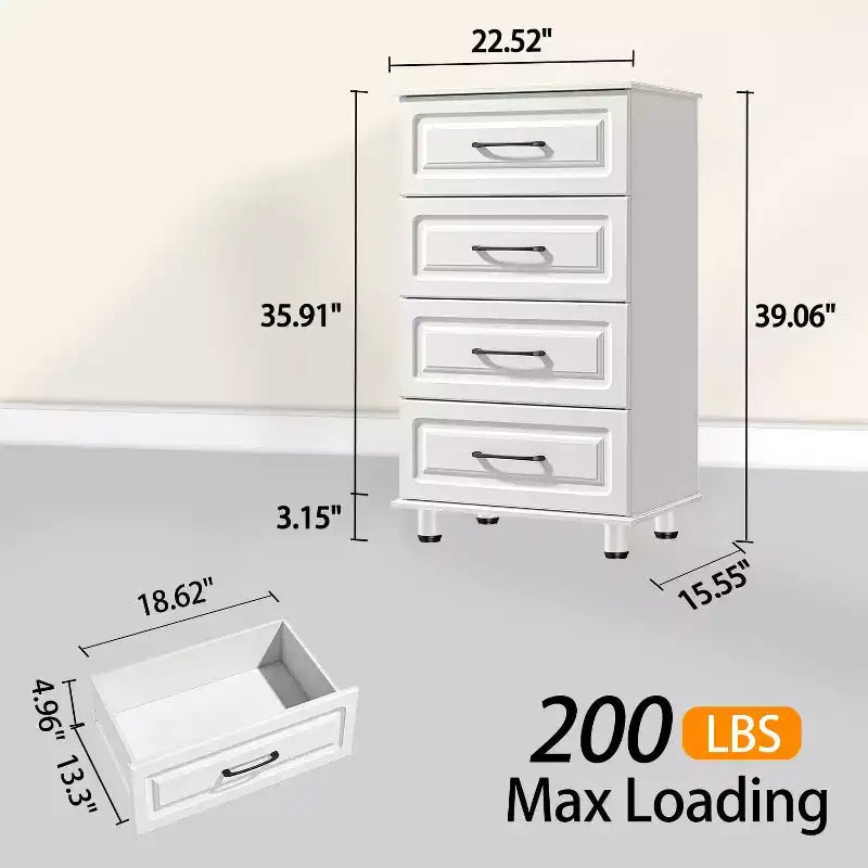 4 Drawer Dresser, Modern Wood Storage Chest Cabinet with Steel Handles, White