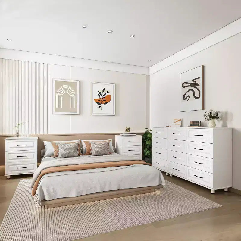 4 Drawer Dresser, Modern Wood Storage Chest Cabinet with Steel Handles, White