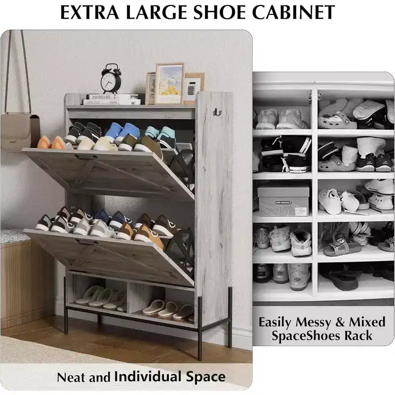 2-Drawer Shoe Cabinet, Slim Space-Saving Shoe Organizer with Hidden Storage, Wooden Entryway Shelf for Hallway, Freestanding Narrow Design
