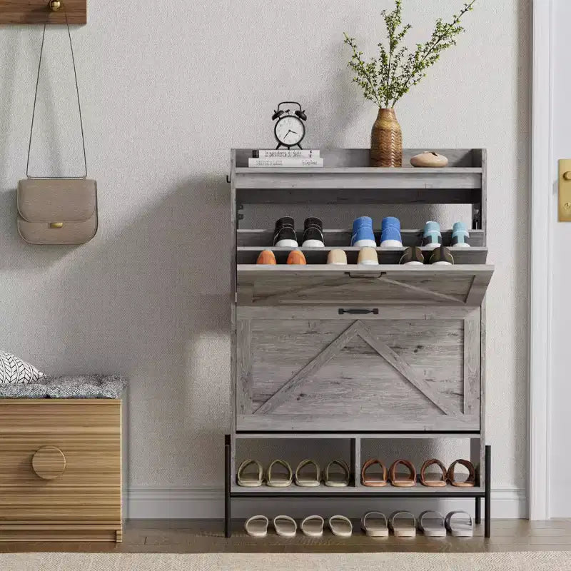 2-Drawer Shoe Cabinet, Slim Space-Saving Shoe Organizer with Hidden Storage, Wooden Entryway Shelf for Hallway, Freestanding Narrow Design