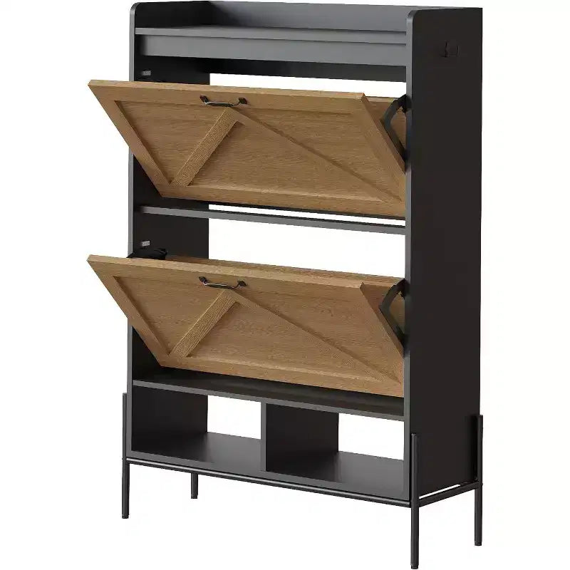 2-Drawer Shoe Cabinet, Slim Space-Saving Shoe Organizer with Hidden Storage, Wooden Entryway Shelf for Hallway, Freestanding Narrow Design