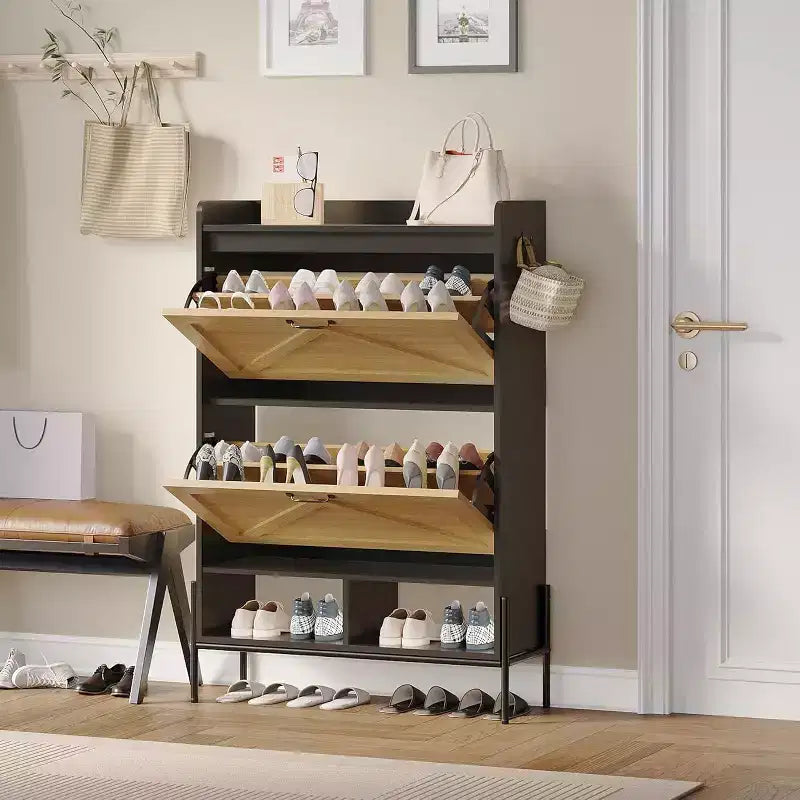 2-Drawer Shoe Cabinet, Slim Space-Saving Shoe Organizer with Hidden Storage, Wooden Entryway Shelf for Hallway, Freestanding Narrow Design