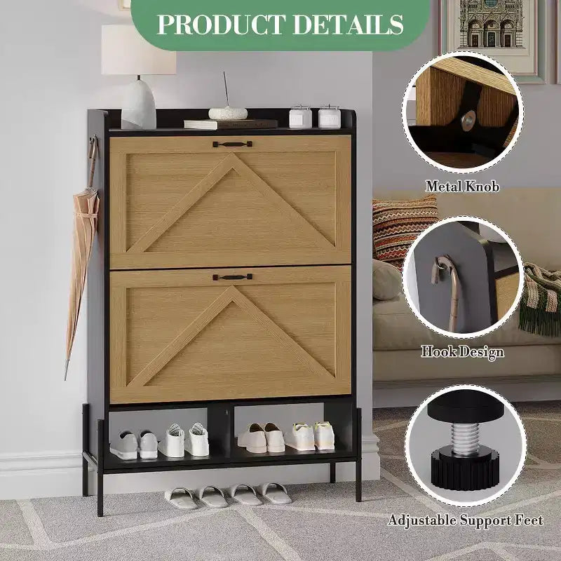 2-Drawer Shoe Cabinet, Slim Space-Saving Shoe Organizer with Hidden Storage, Wooden Entryway Shelf for Hallway, Freestanding Narrow Design