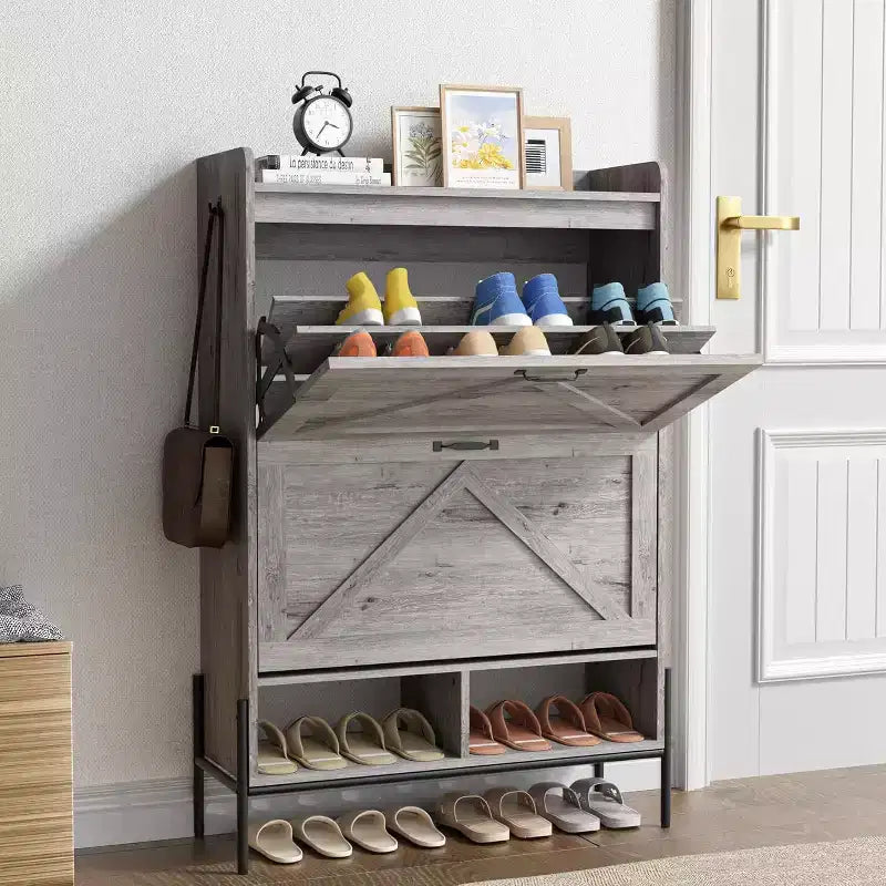 2-Drawer Shoe Cabinet, Slim Space-Saving Shoe Organizer with Hidden Storage, Wooden Entryway Shelf for Hallway, Freestanding Narrow Design